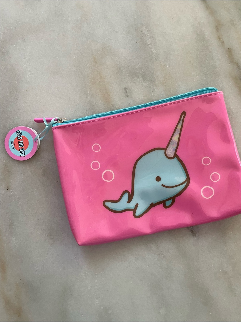 Jellycat Pink Narwhal Zip Pouch with Teal Accent